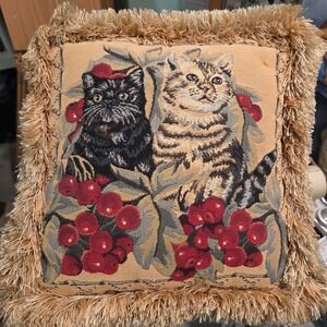 Vintage Woven Tapestry Cat Pillow Black Tabby Cats Red Berries Fringe Trim 13x13